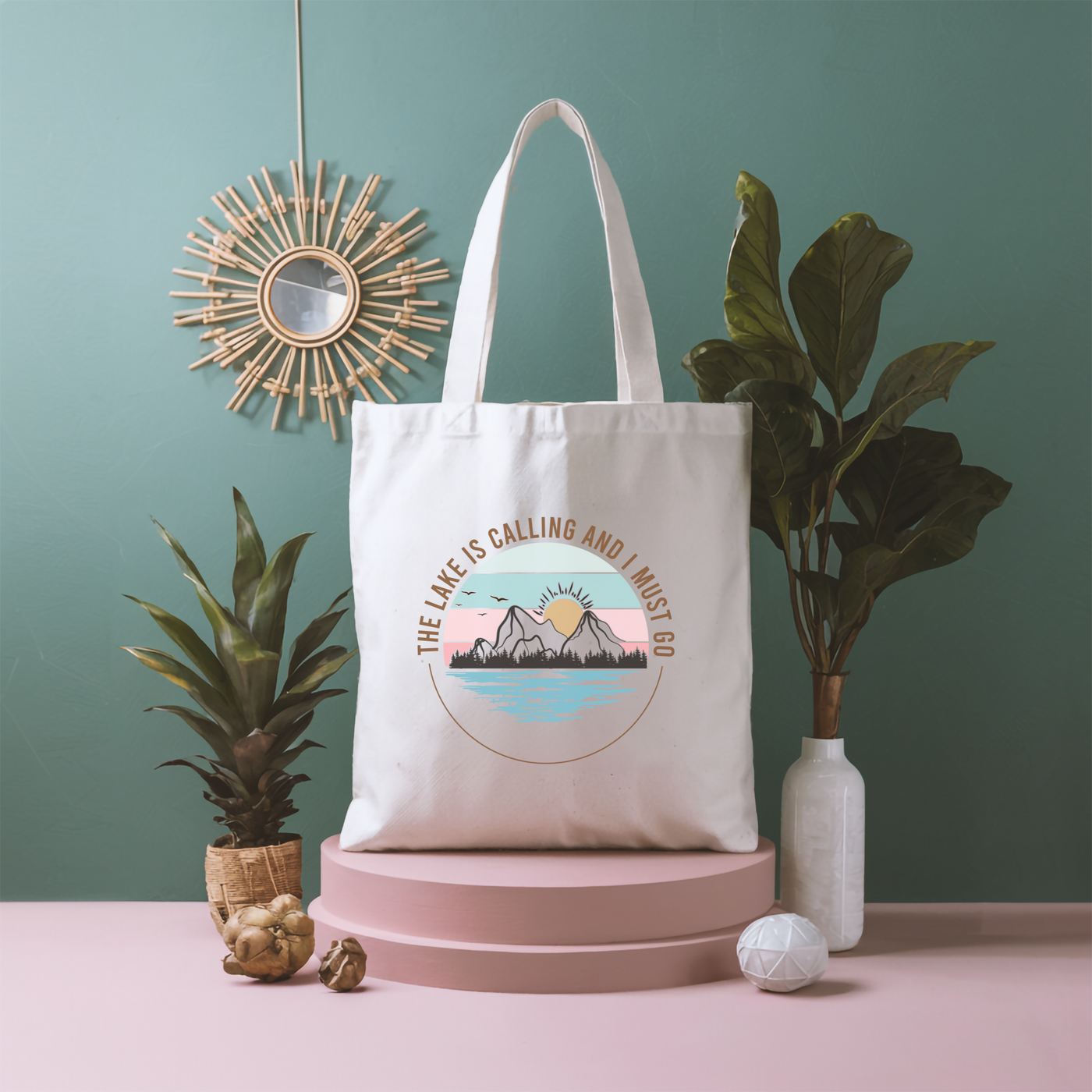 a white bag sitting on top of a table next to a potted plant