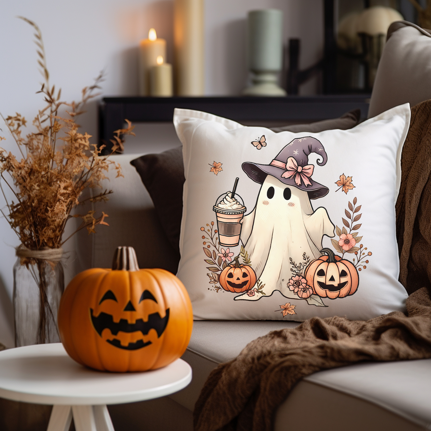 a pillow with a ghost holding a cup of coffee