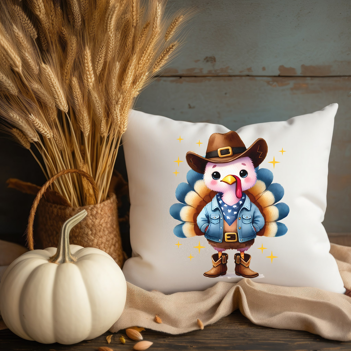 a pillow with a turkey wearing a cowboy hat