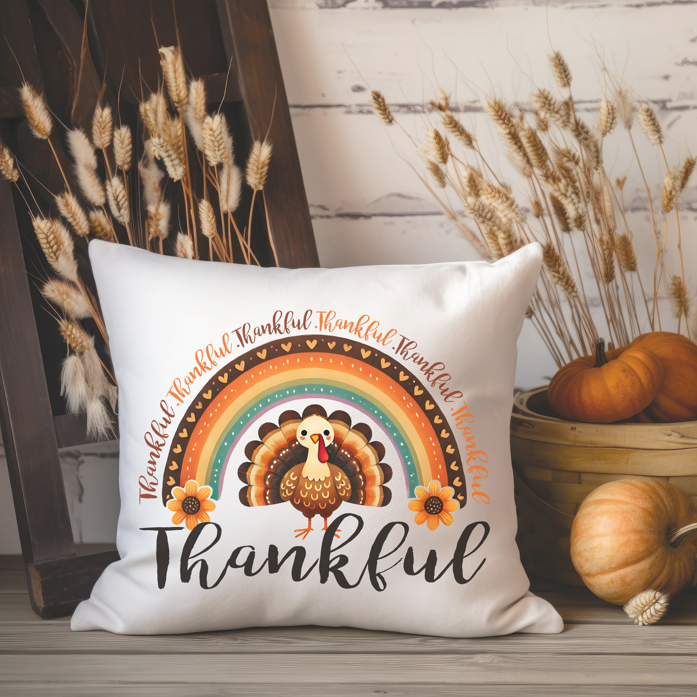 a white pillow with a thanksgiving turkey on it