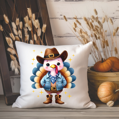 a pillow with a turkey wearing a cowboy hat