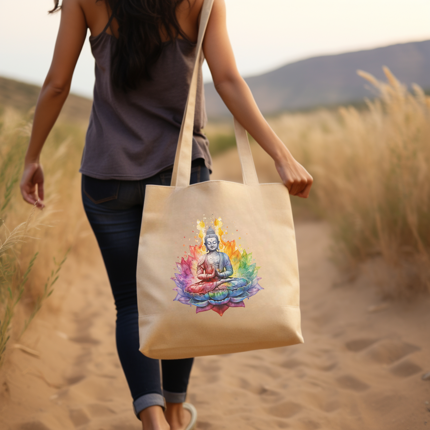 a woman walking down a path carrying a bag