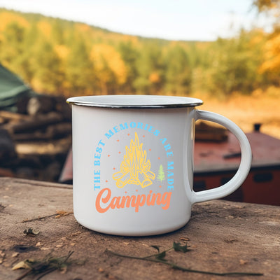 a campfire mug sitting on top of a wooden table