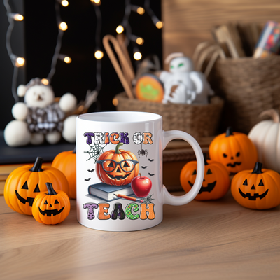 a white coffee mug with a trick or treat on it