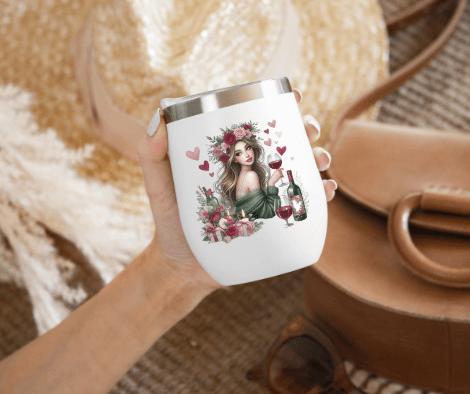 a woman holding a white wine tumbler with a picture on it