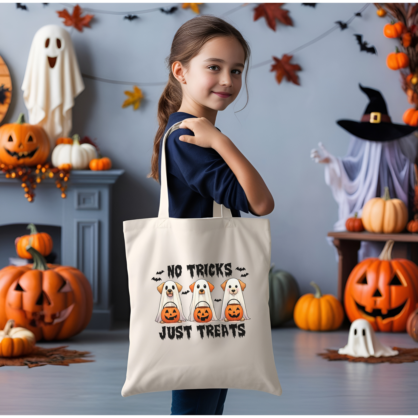 a little girl holding a halloween trick bag