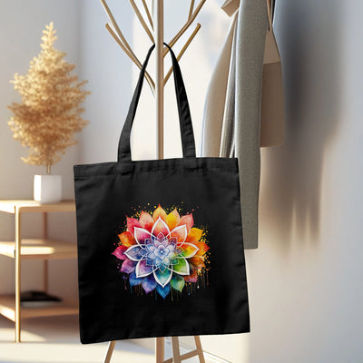 a black bag with a colorful flower on it