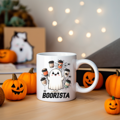 a white coffee mug with a ghost on it