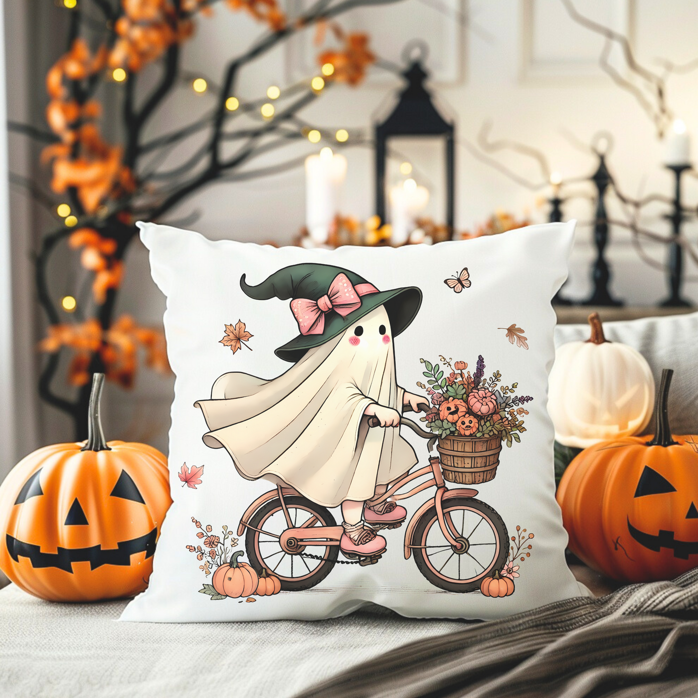 a pillow with a picture of a girl riding a bike