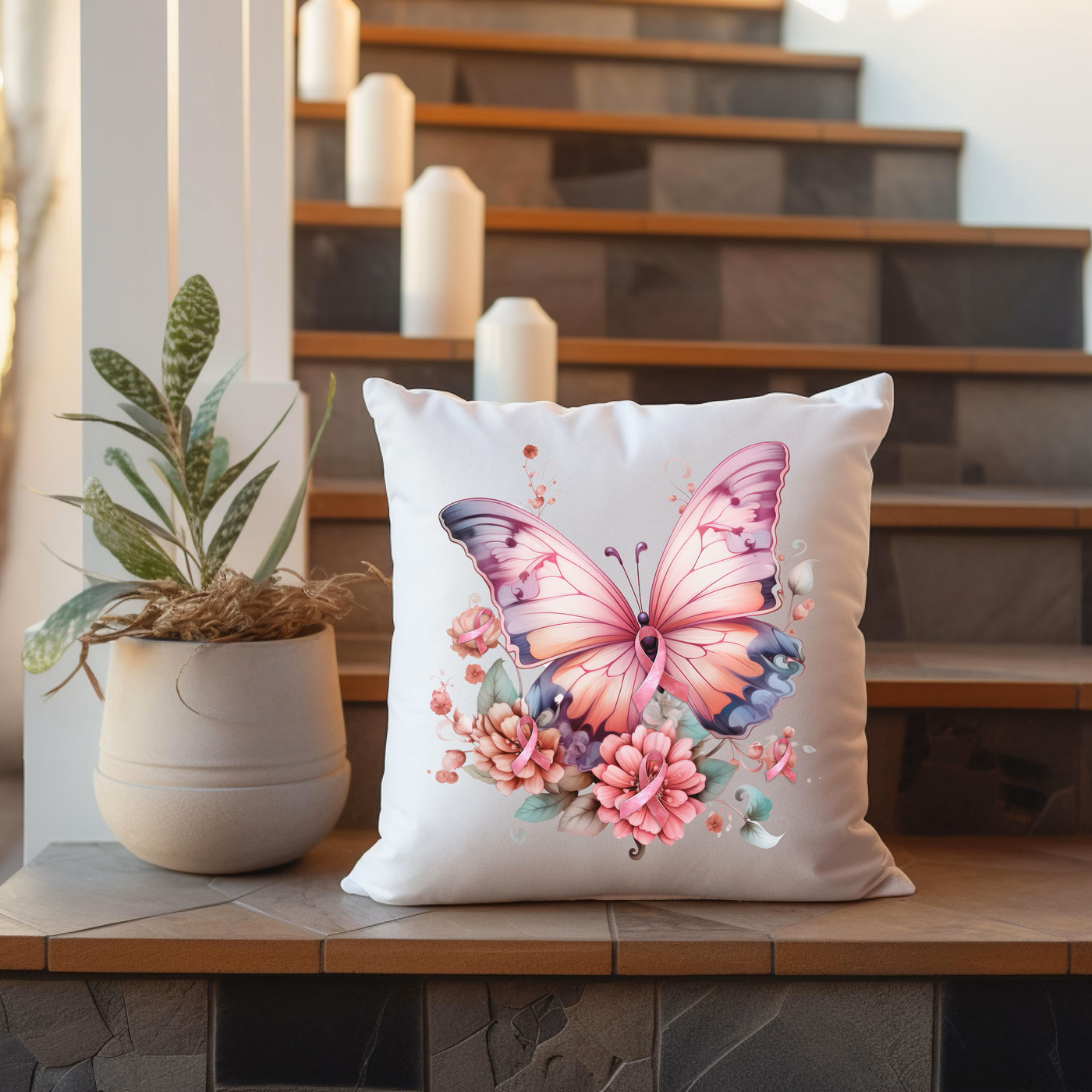 a white pillow sitting on top of a wooden table