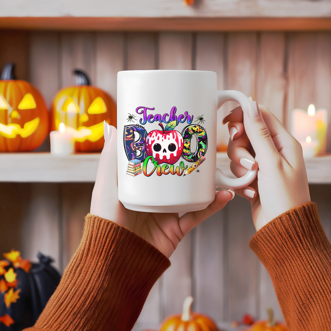 a person holding a coffee mug with a skull on it