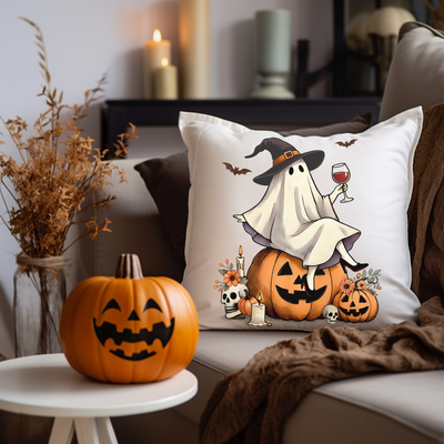 a couch with two pumpkins and a pillow with a ghost on it