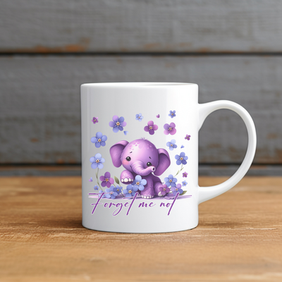 a white coffee mug with a purple elephant on it