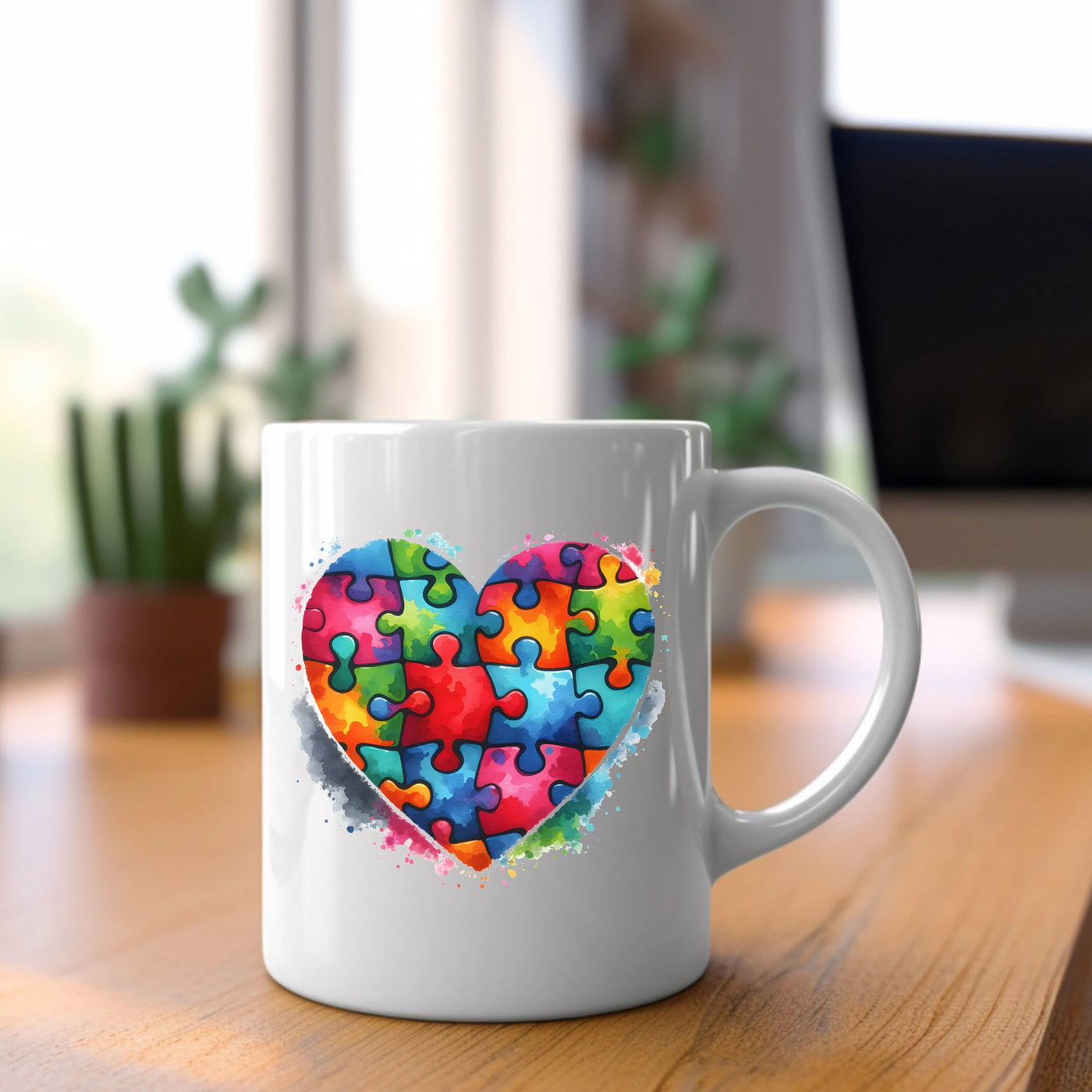 a coffee mug with a heart made of puzzle pieces