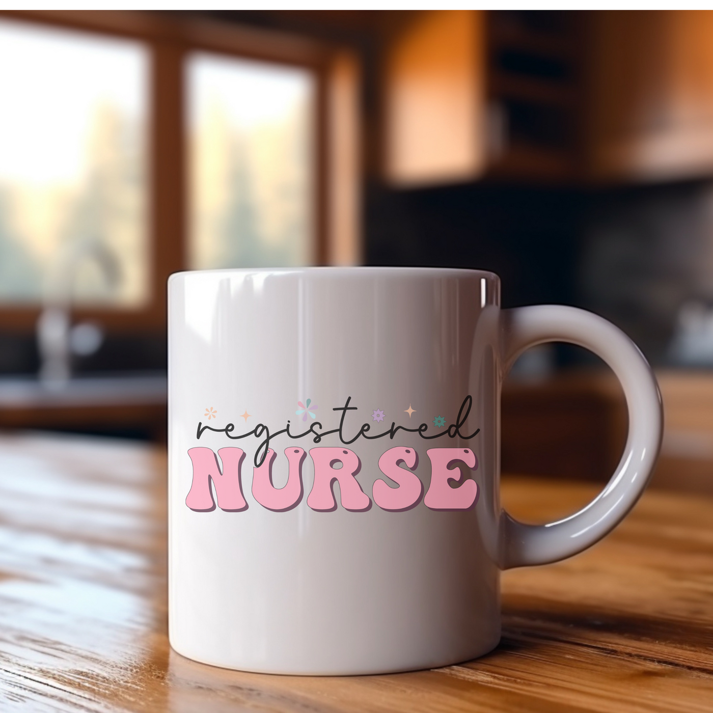 a white coffee mug sitting on top of a wooden table