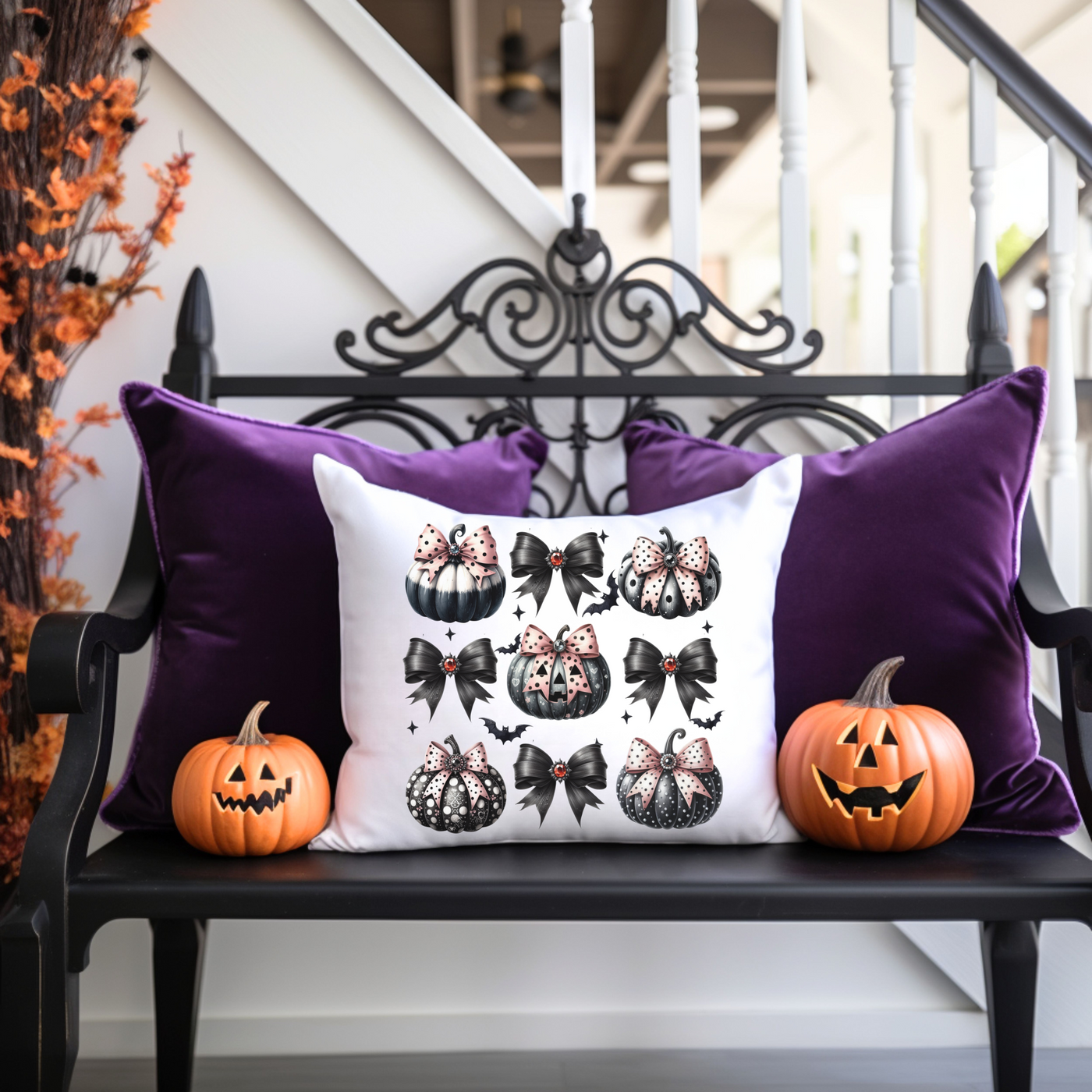 a bench with two pumpkins and a pillow on it