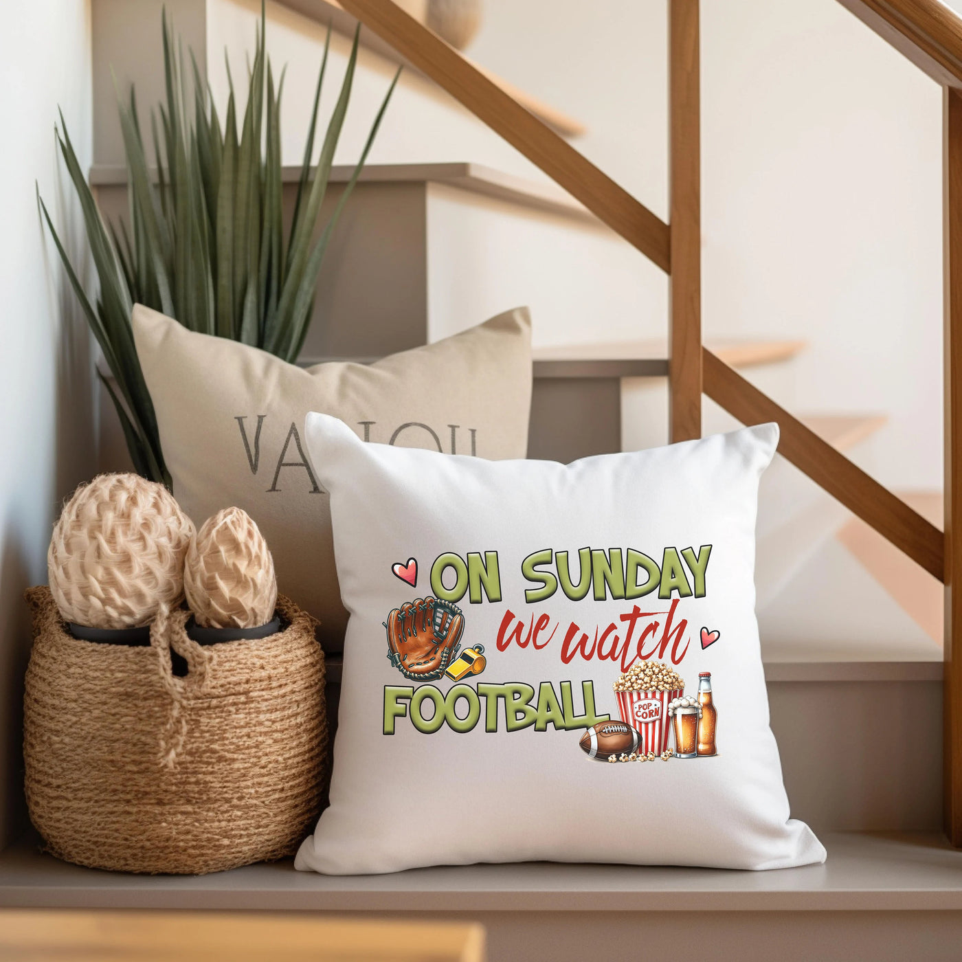 a white pillow sitting on top of a wooden shelf