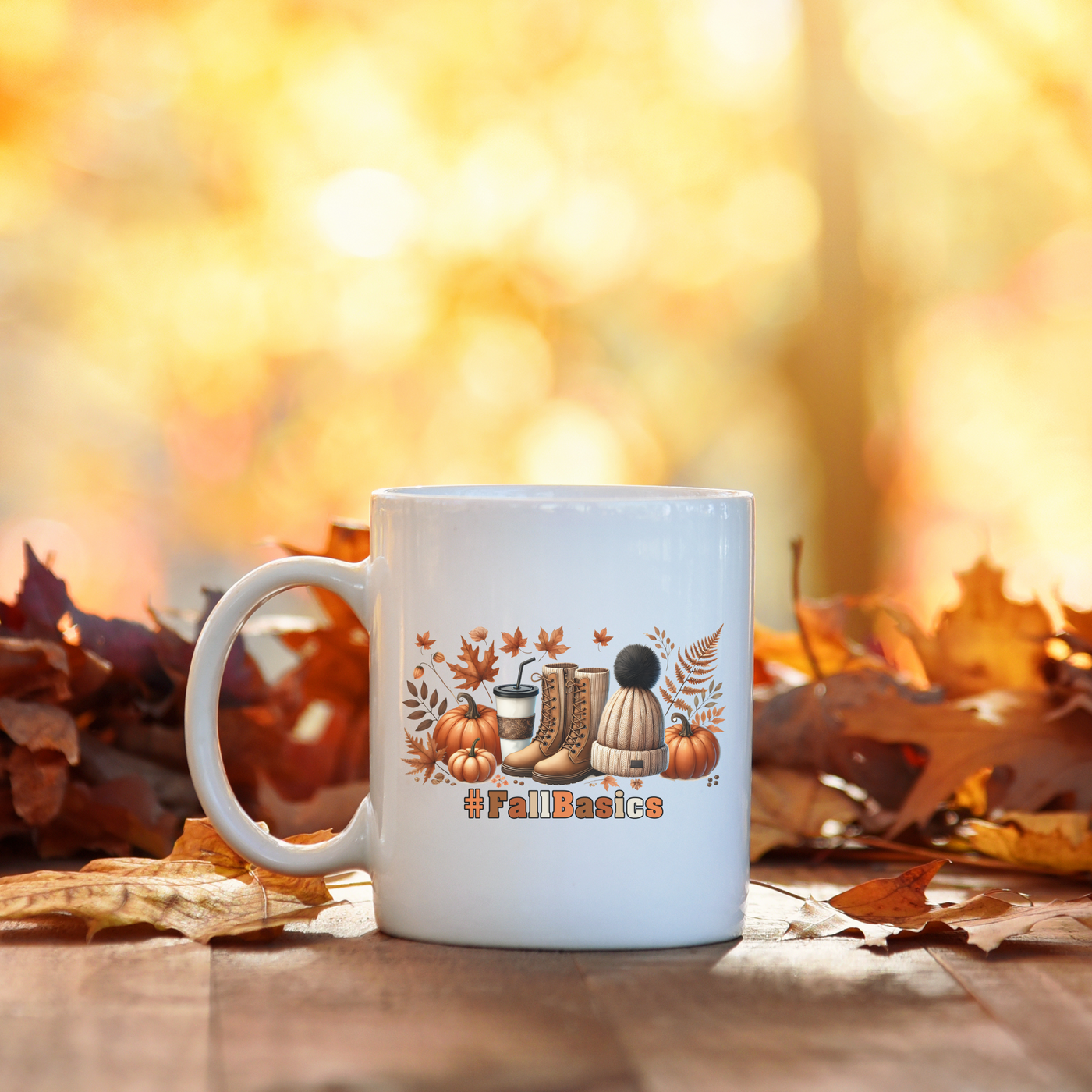 a white coffee mug sitting on top of a wooden table