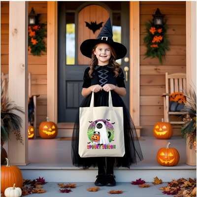 a little girl in a witch costume holding a trick bag