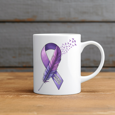 a coffee mug with a purple ribbon and a feather