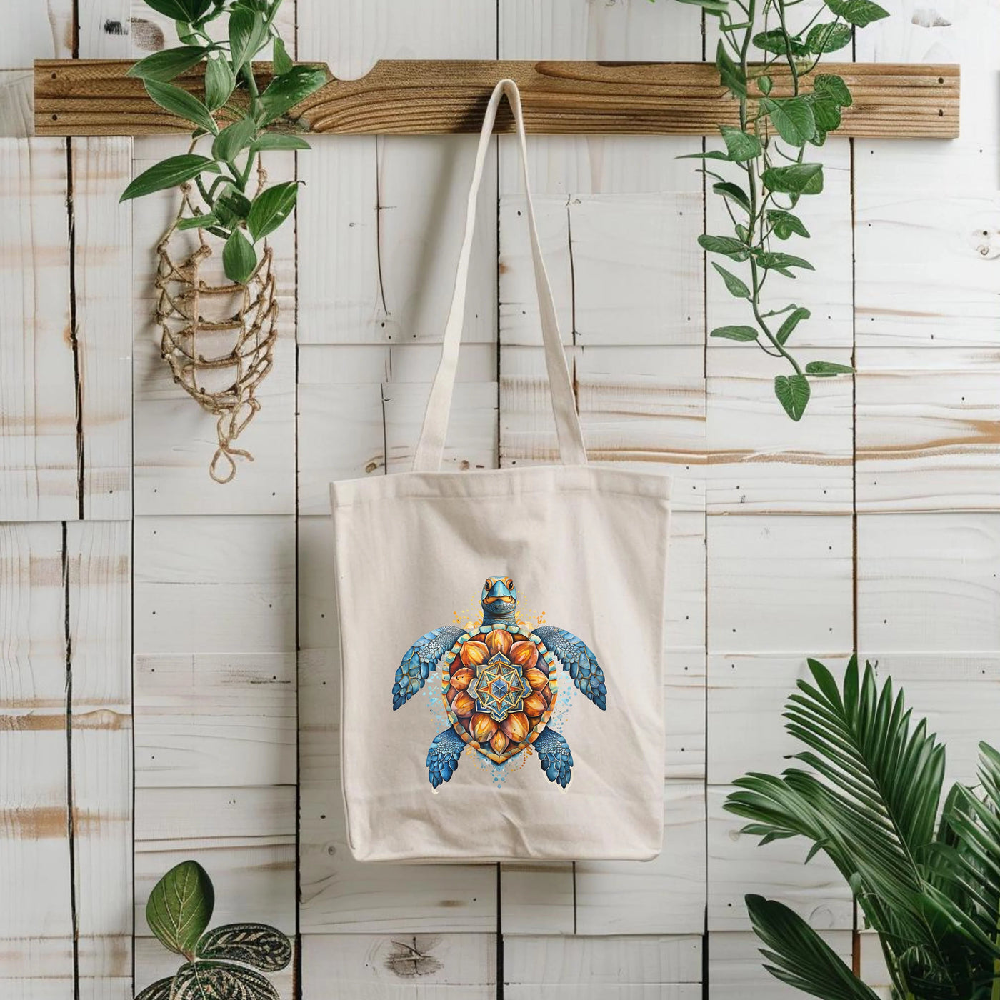 a tote bag hanging on a wall next to a potted plant