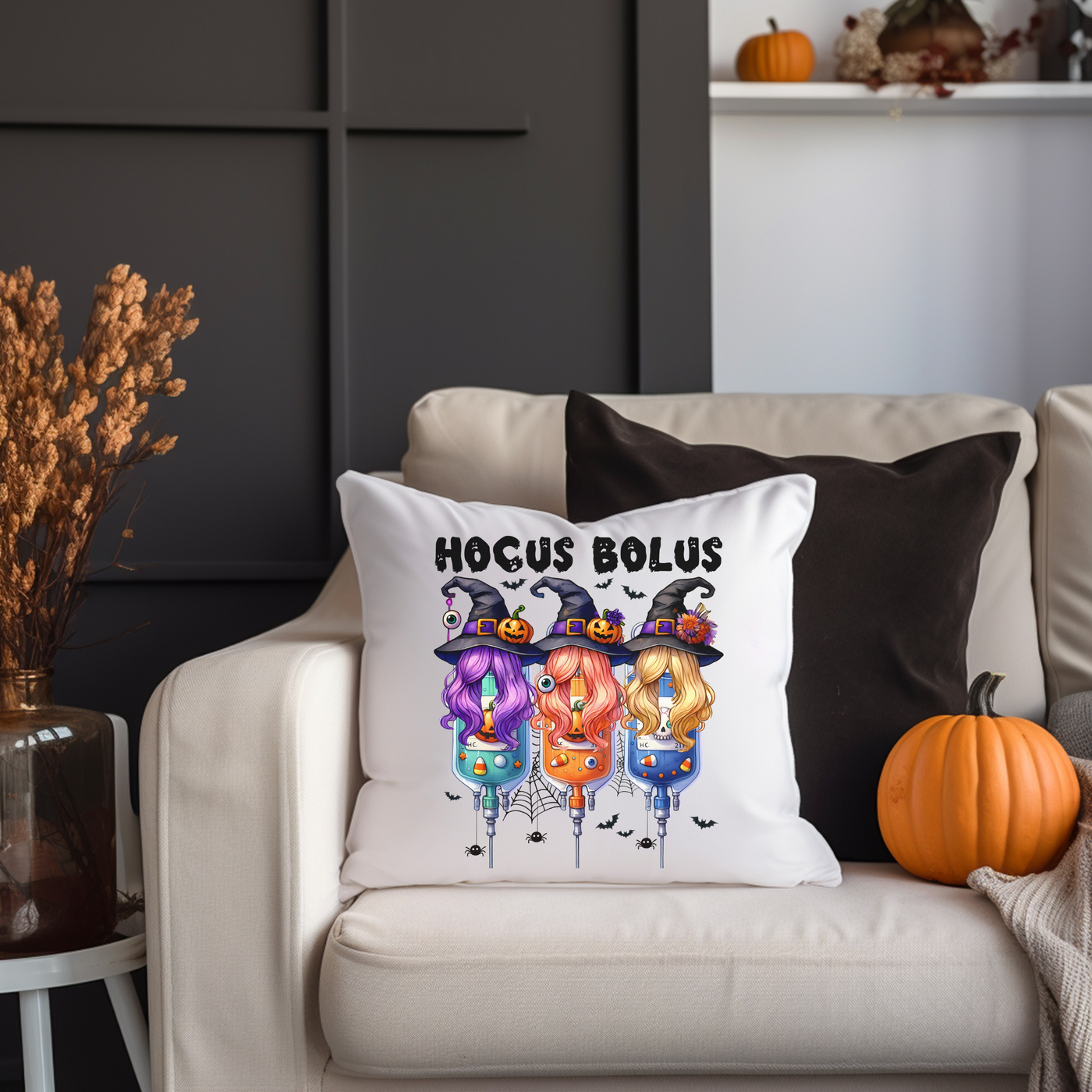 a couch with a pillow that says hoccus bolus on it