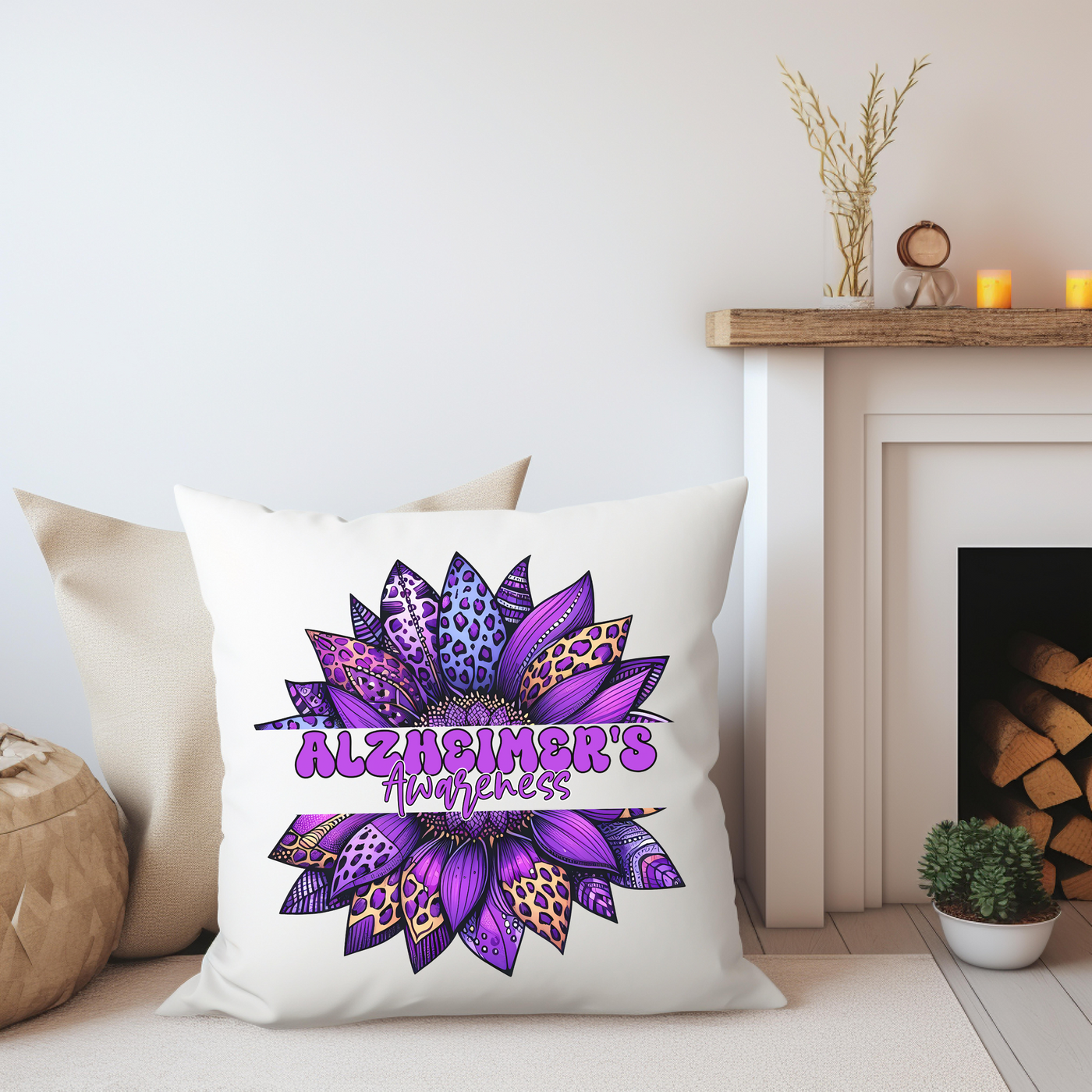 a white pillow with a purple flower on it