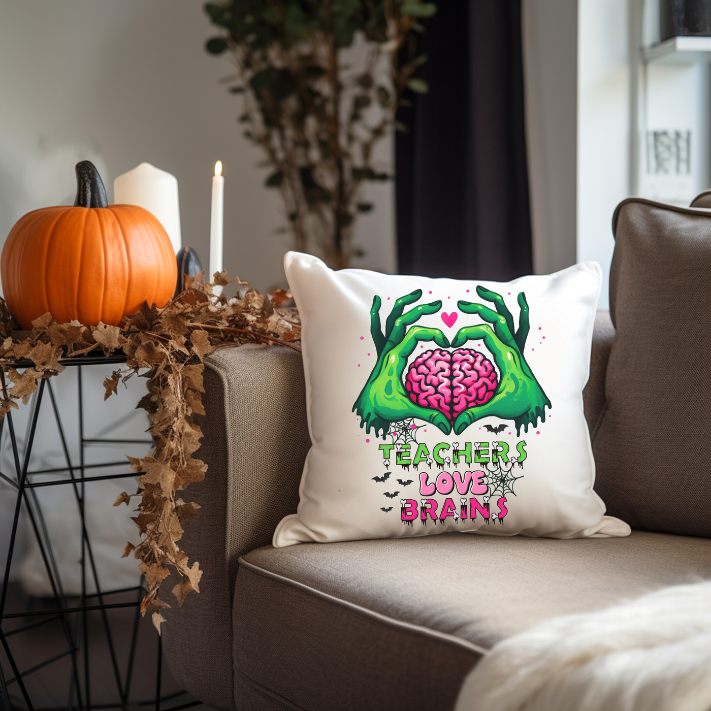 a couch with a pillow that has a brain on it