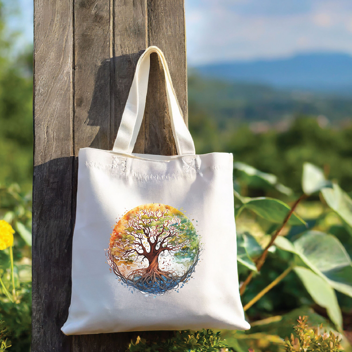 a tote bag hanging on a wooden post