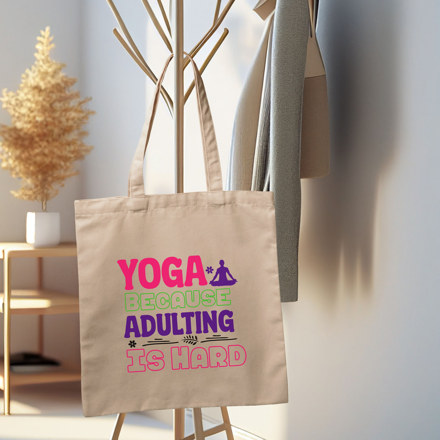 a yoga tote bag hanging on a rack