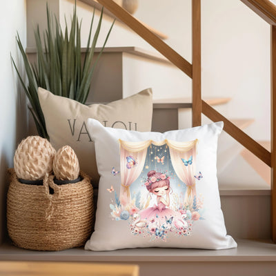 a pillow sitting on top of a shelf next to a basket