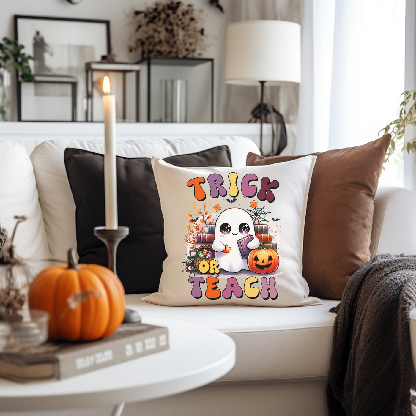 a white couch with a halloween pillow on it