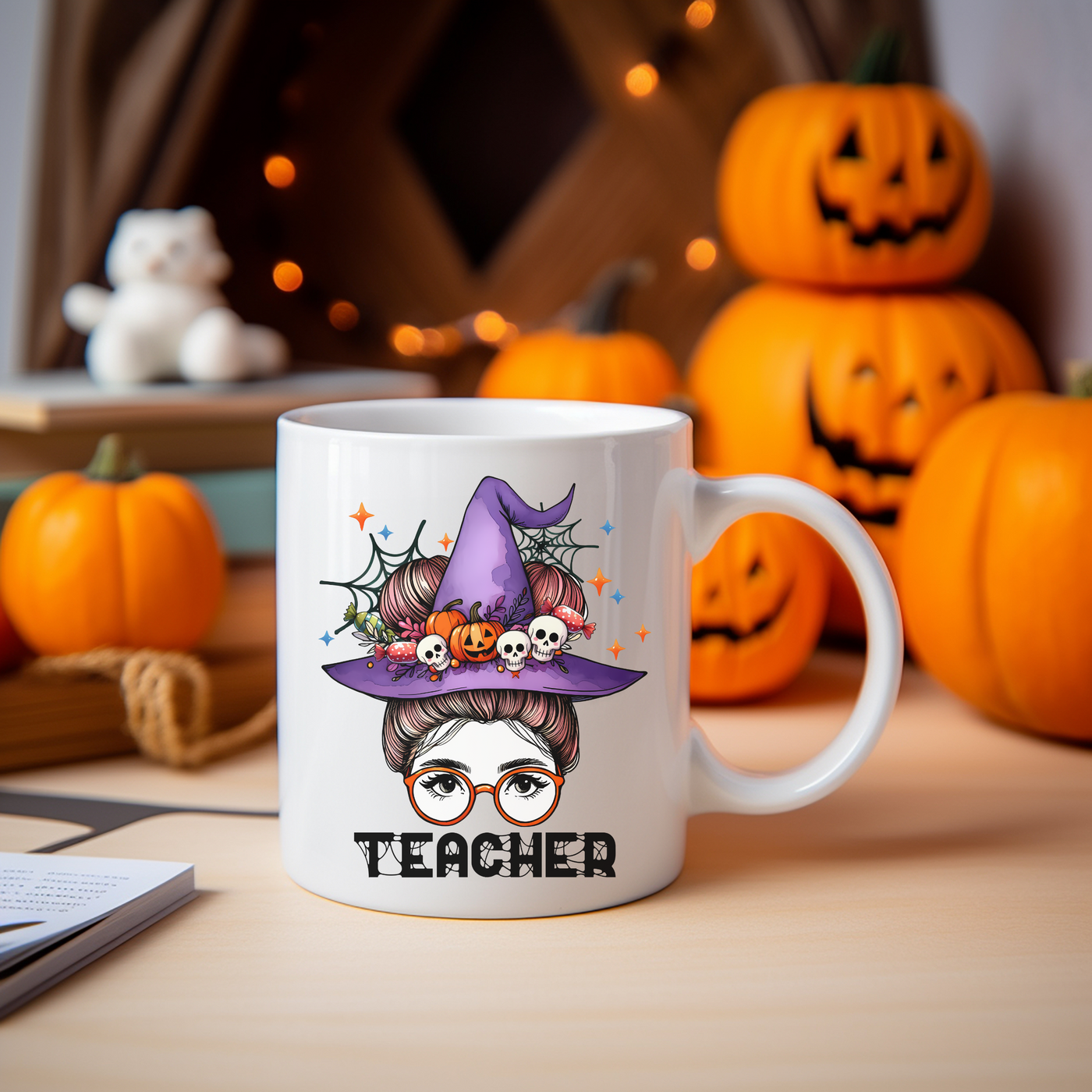 a white coffee mug with a witch on it