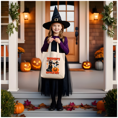 a little girl in a witch costume holding a trick or treat bag