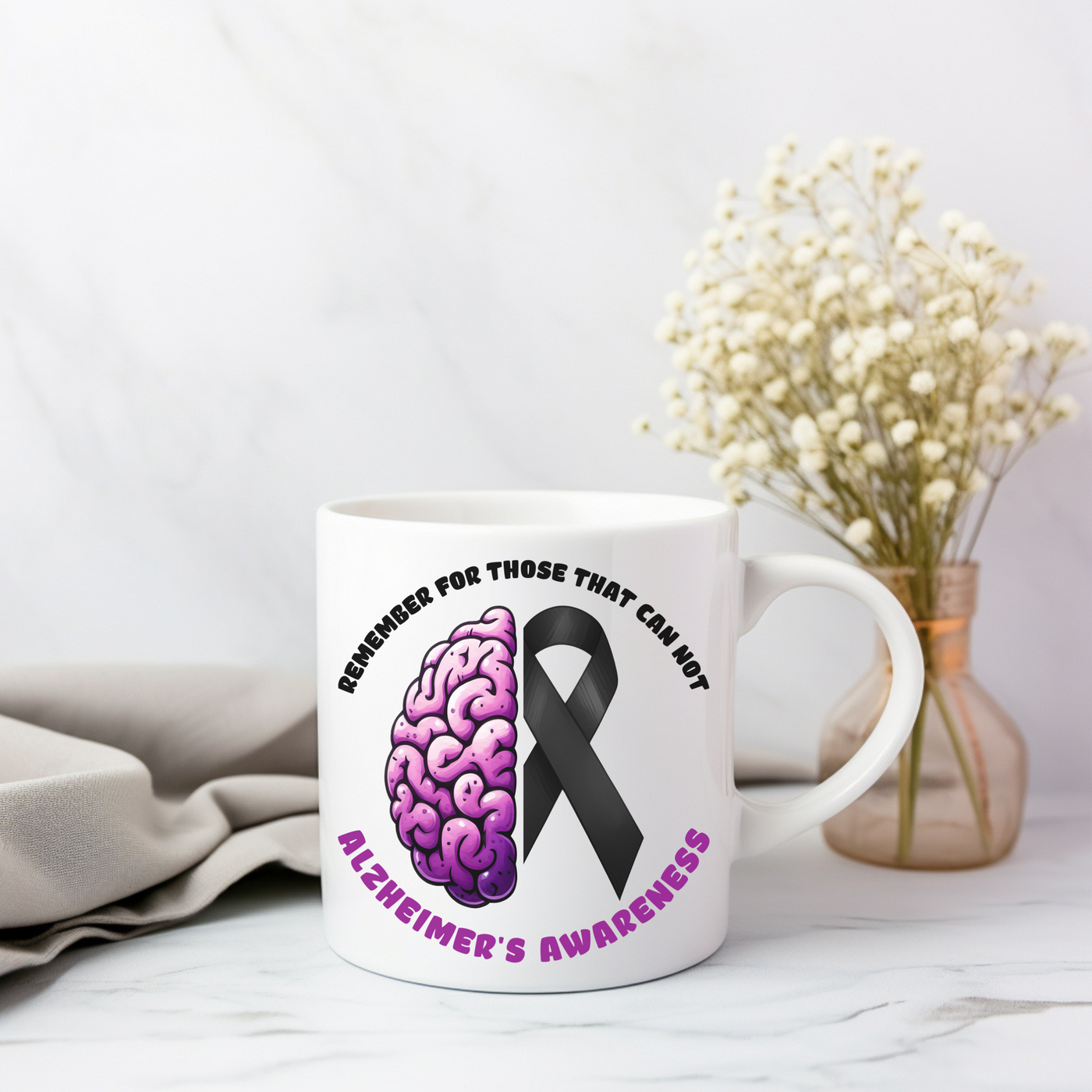 a coffee mug with a brain cancer ribbon on it