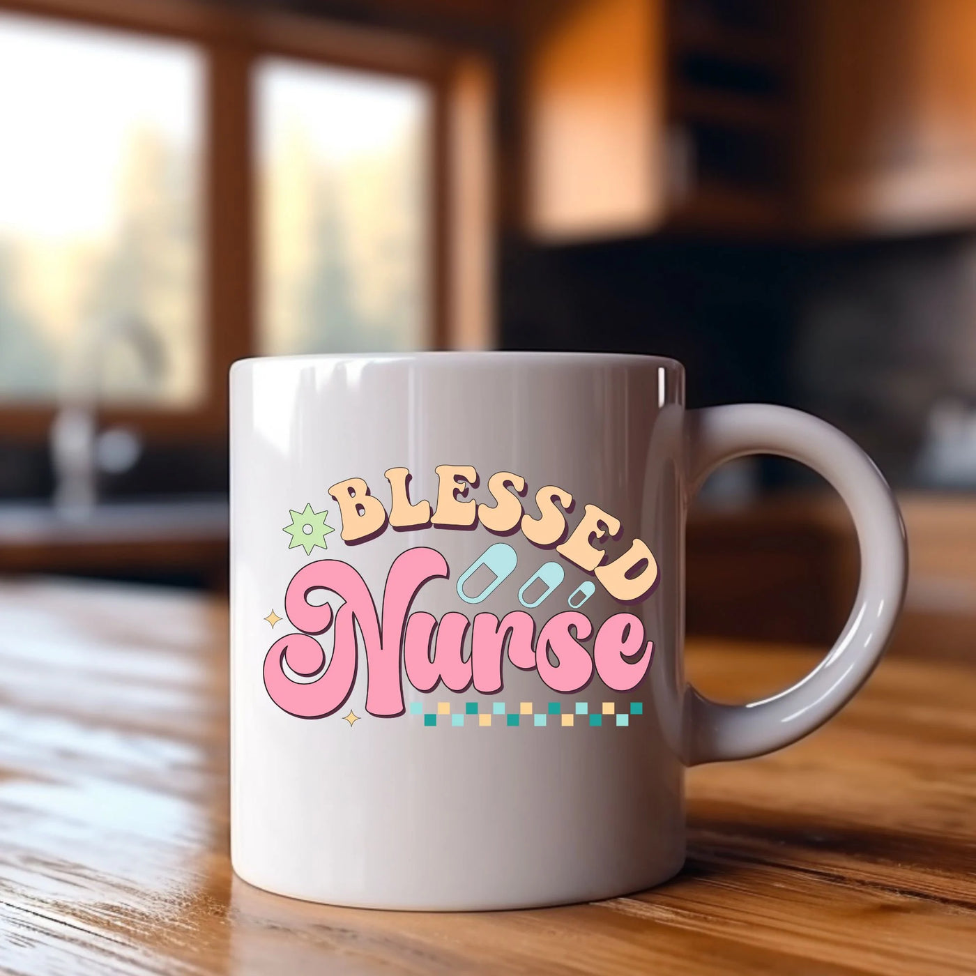 a white coffee mug sitting on top of a wooden table