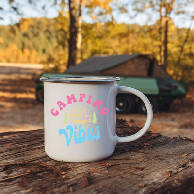 a campfire mug sitting on top of a tree stump