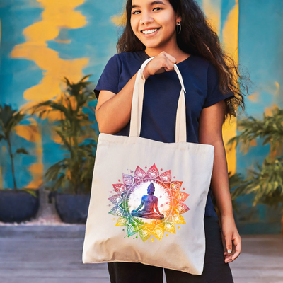 a woman holding a tote bag with a picture of a woman doing yoga