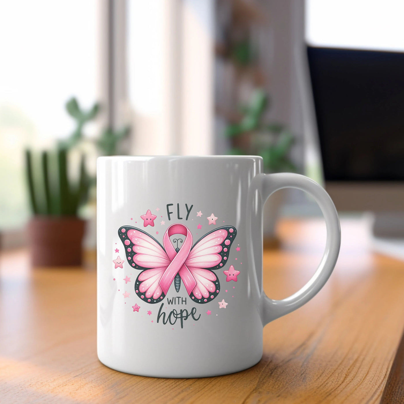 a white coffee mug with a pink butterfly on it