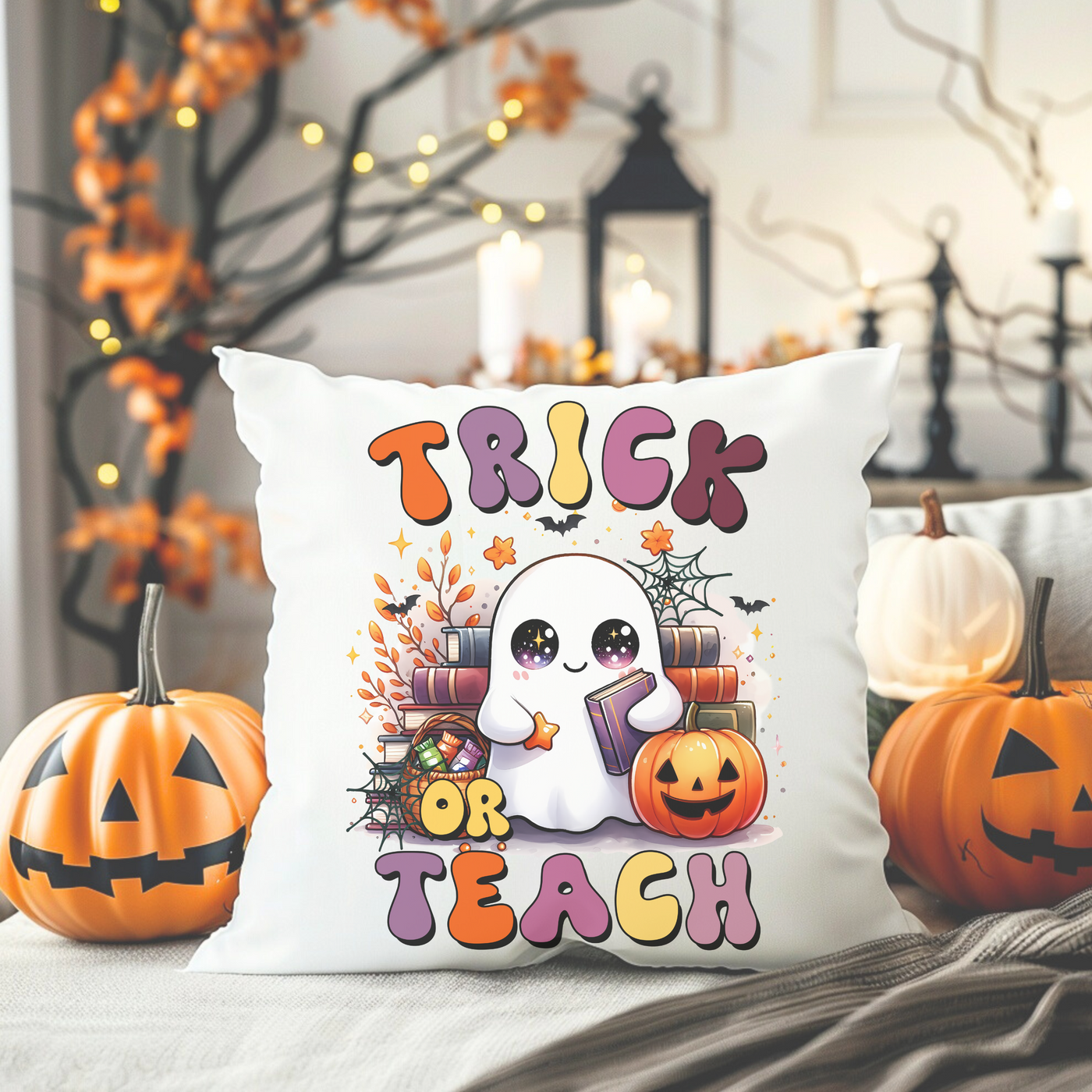 a pillow with a ghost and pumpkins on it