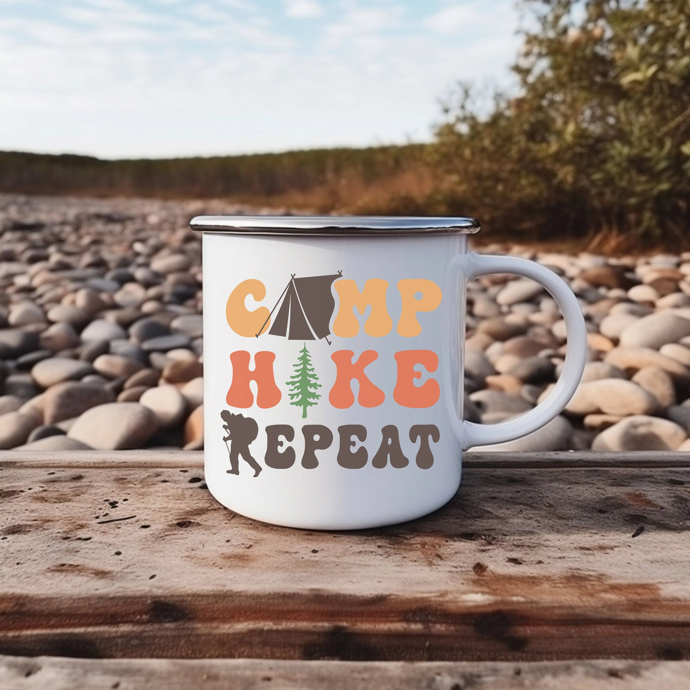 a camp mug sitting on a wooden table