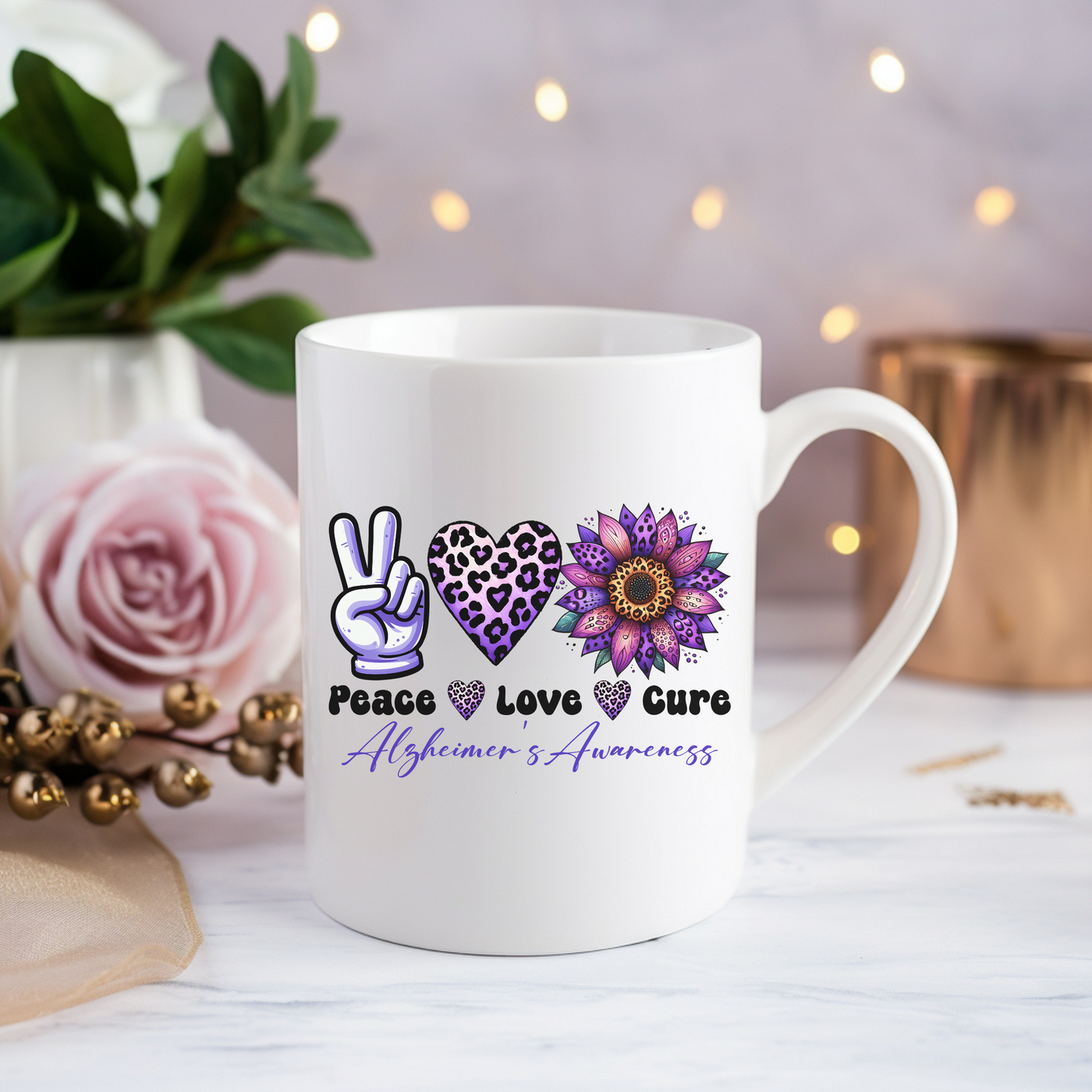 a white coffee mug with peace love guru on it