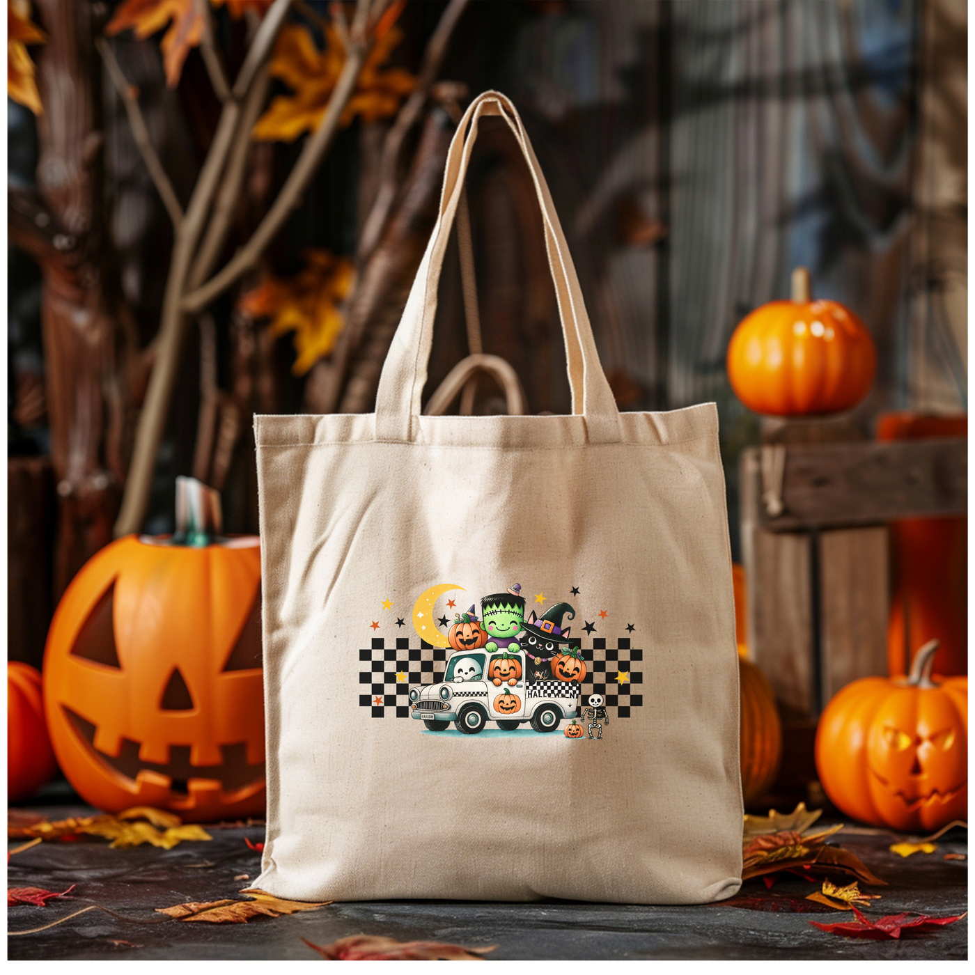 a tote bag with a picture of a car on it