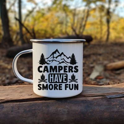 a camper's have smore fun camper mug sitting on a log