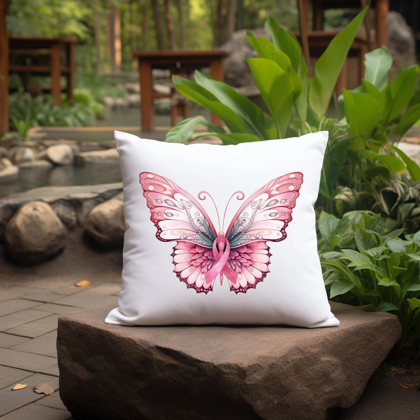 a white pillow with a pink butterfly on it