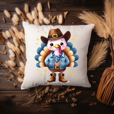 a pillow with a turkey wearing a cowboy hat