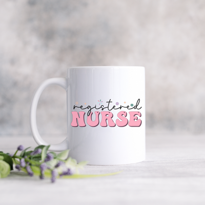 a white coffee mug with the words register nurse on it