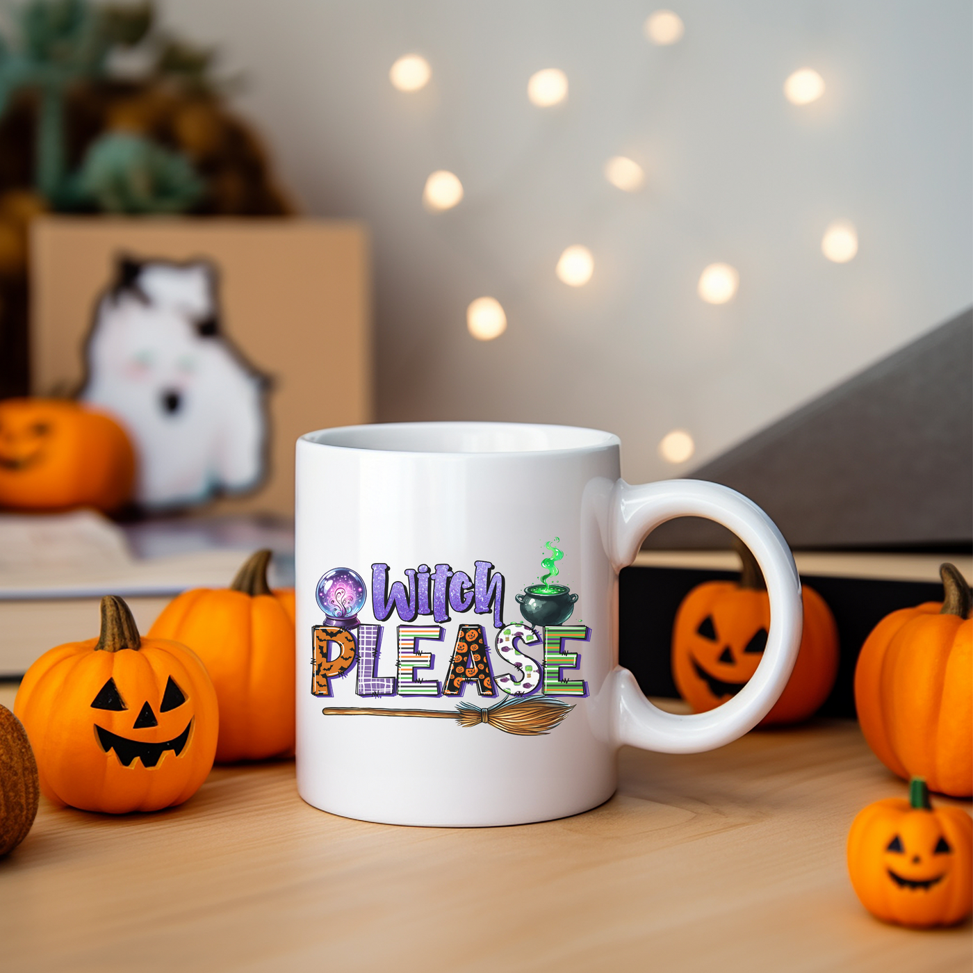 a white coffee mug sitting on top of a wooden table