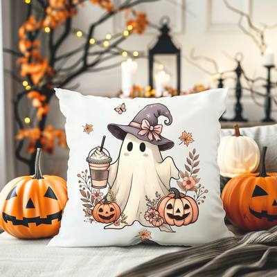 a pillow with a ghost holding a cup of coffee