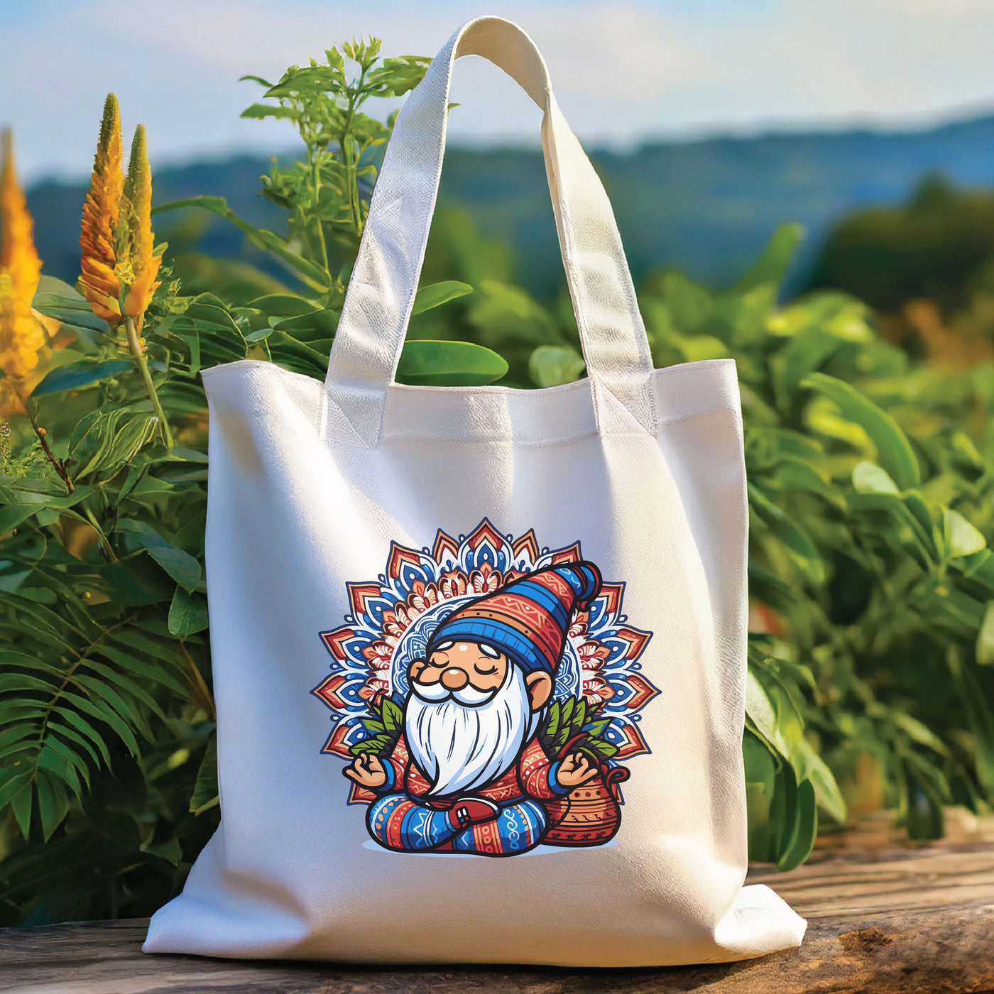 a white bag with an image of a gnome on it